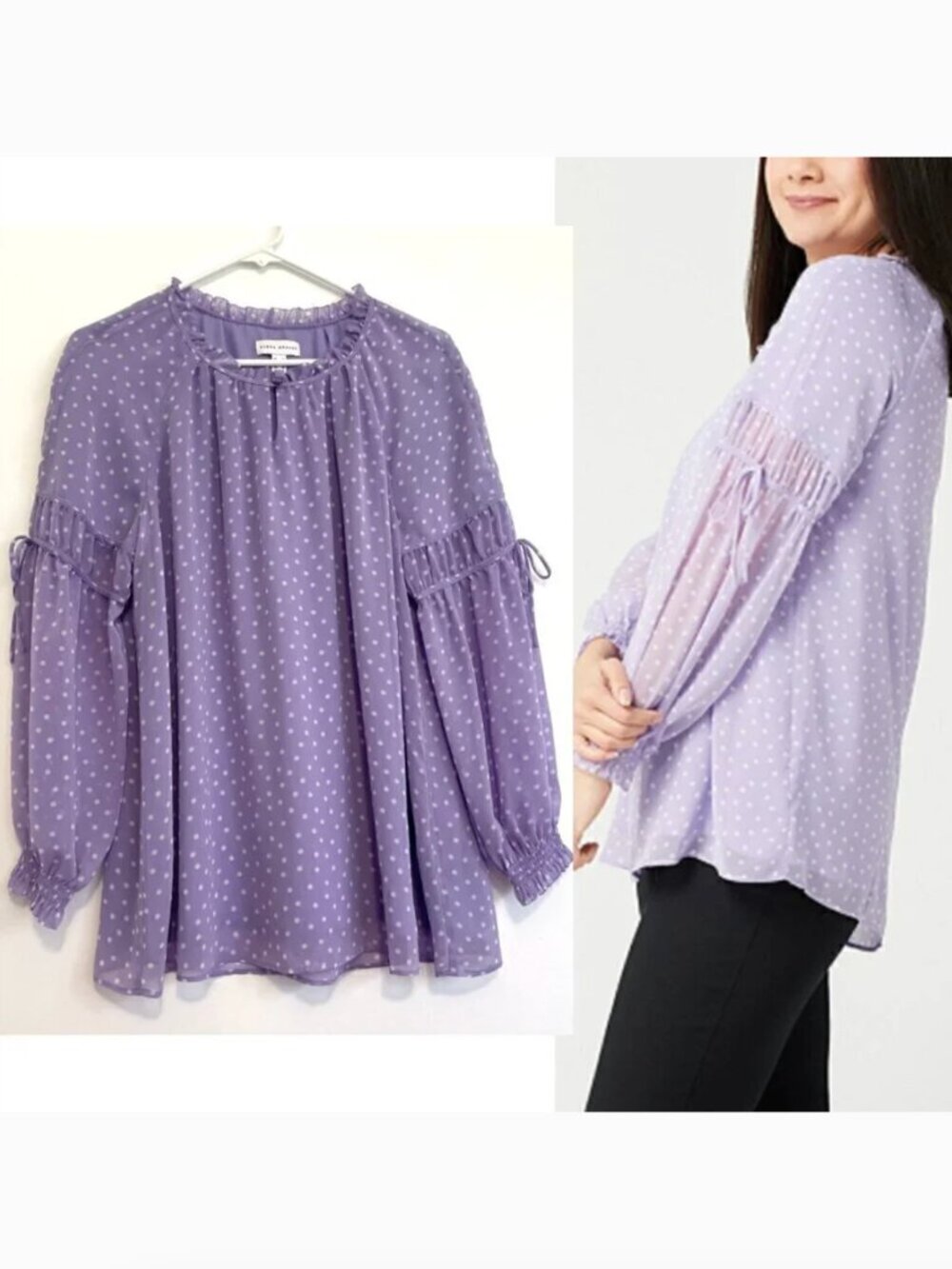 SUSAN GRAVER Printed Sheer Chiffon Raglan Sleeve Peasant Top Lilac Lavender Boho